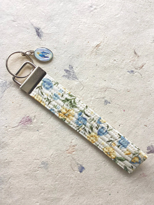 Our Lady of Grace Key Fob Wristlet - Catholic Keychain - Blue and Yellow Floral Encounter At Jacob's Well