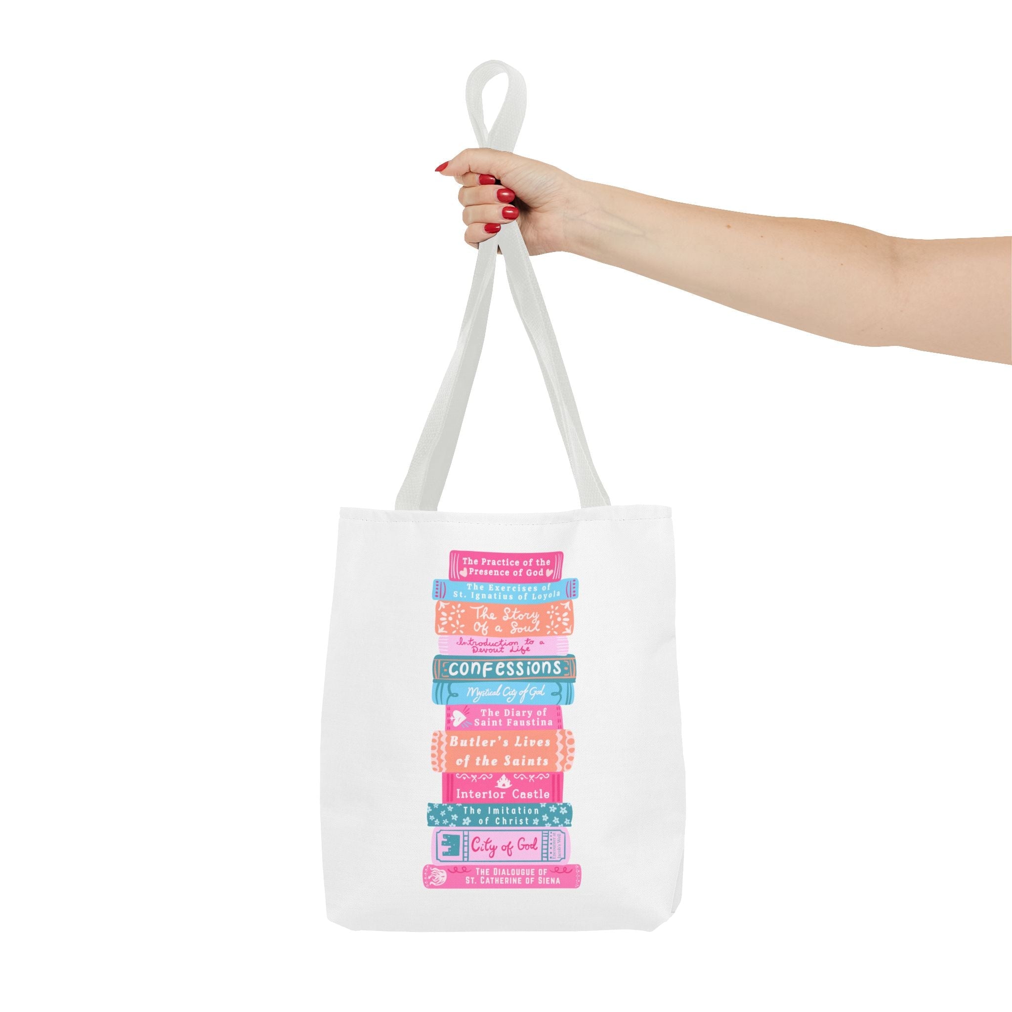Spiritual Classics Catholic Reading List | Bookworm Tote Bag | St John Bosco Reading Quote | Original Library Illustration Printify