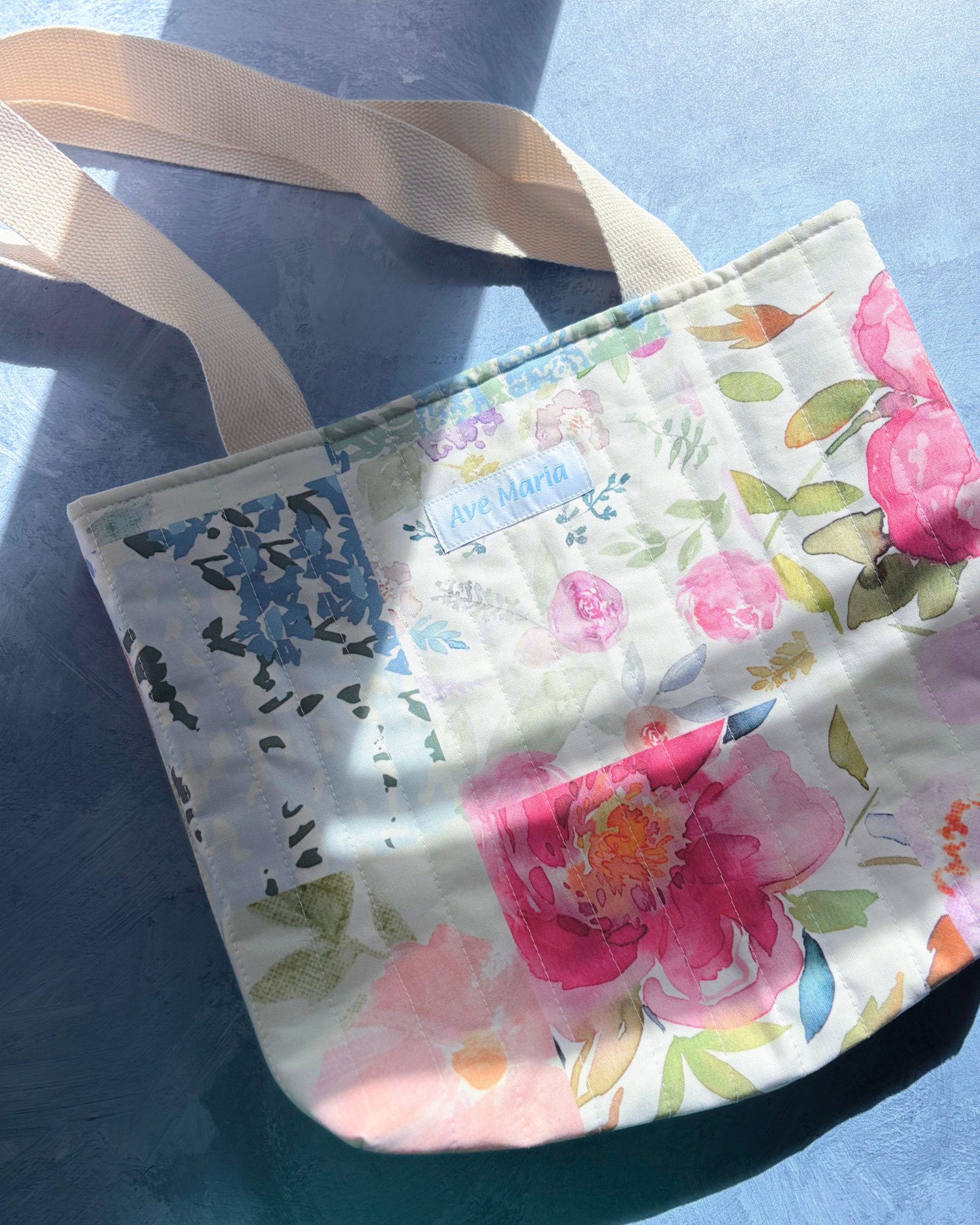 Mother Mary Handmade Quilted Tote Bag – Mini - Soft Floral - Catholic Mass & Adoration Bag