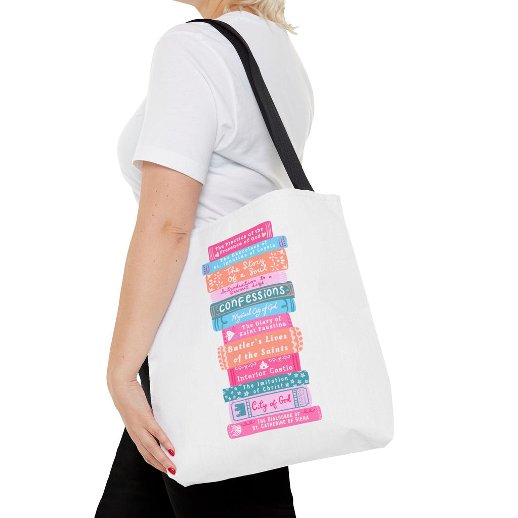 Spiritual Classics Catholic Reading List | Bookworm Tote Bag | St John Bosco Reading Quote | Original Library Illustration Printify