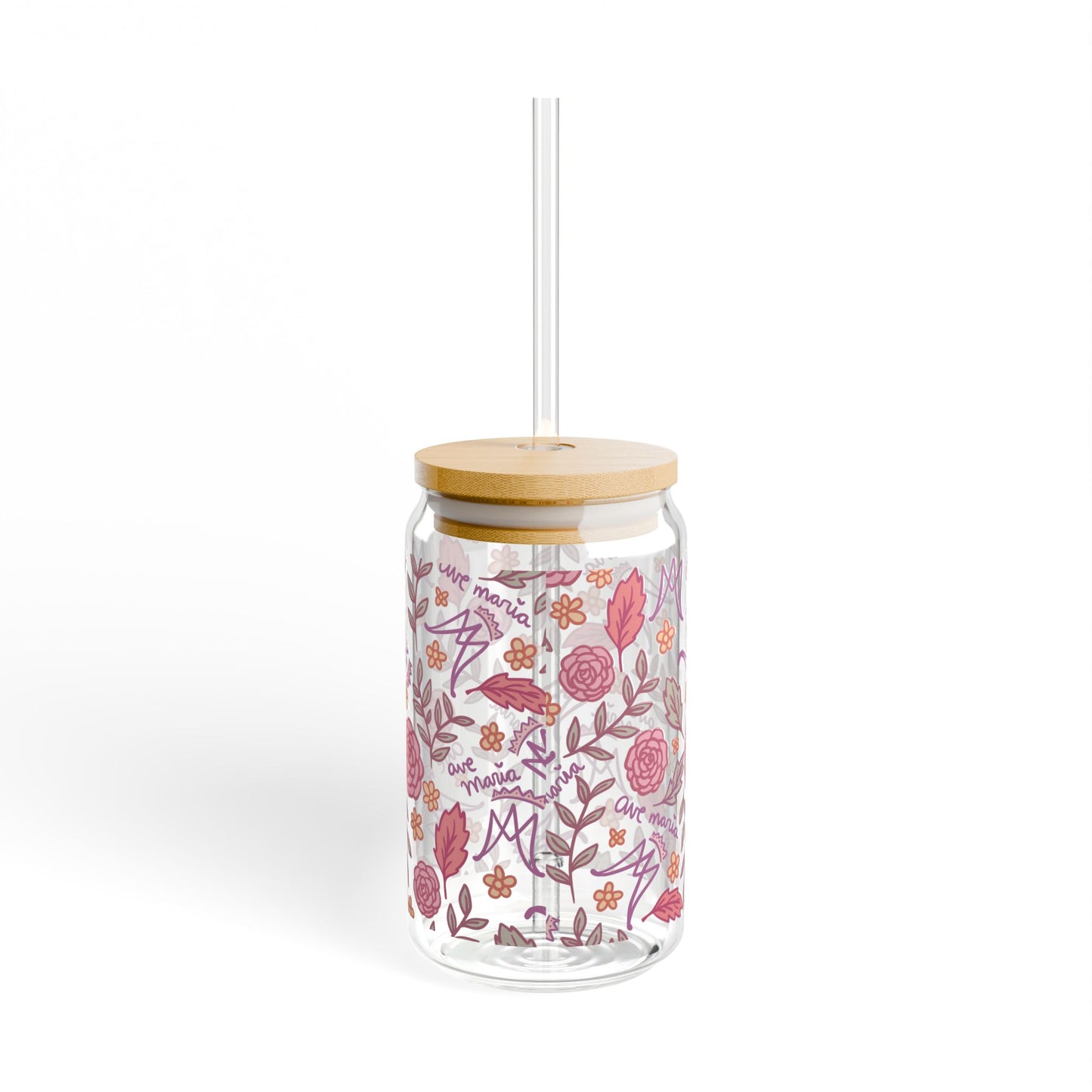 Auspice Maria - Floral Sipper Glass 16oz – Bamboo Lid Tumbler with Straw