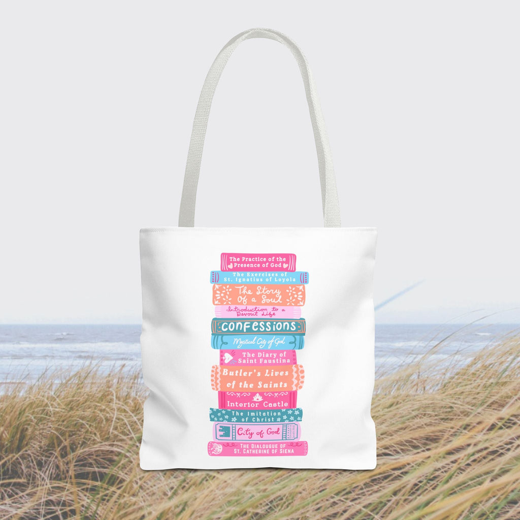 Spiritual Classics Catholic Reading List | Bookworm Tote Bag | St John Bosco Reading Quote | Original Library Illustration Printify