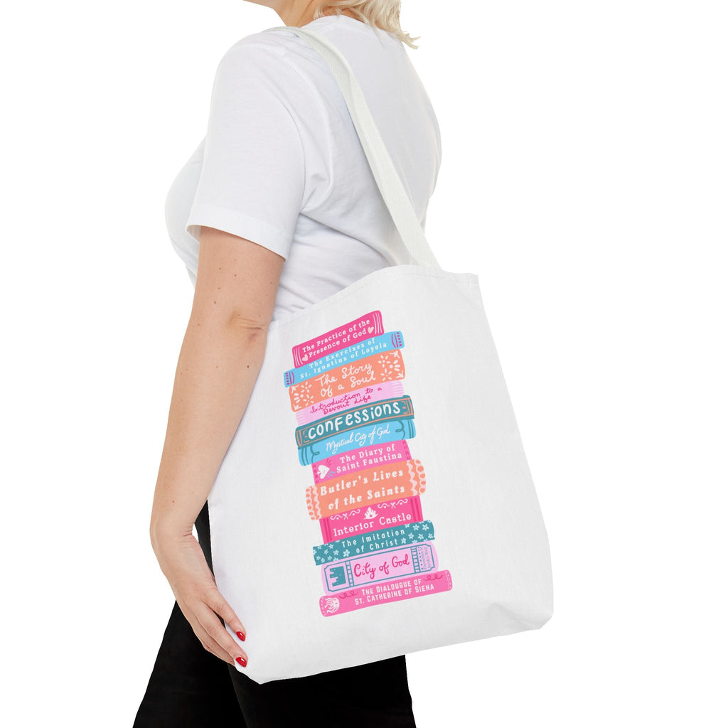 Spiritual Classics Catholic Reading List | Bookworm Tote Bag | St John Bosco Reading Quote | Original Library Illustration Printify