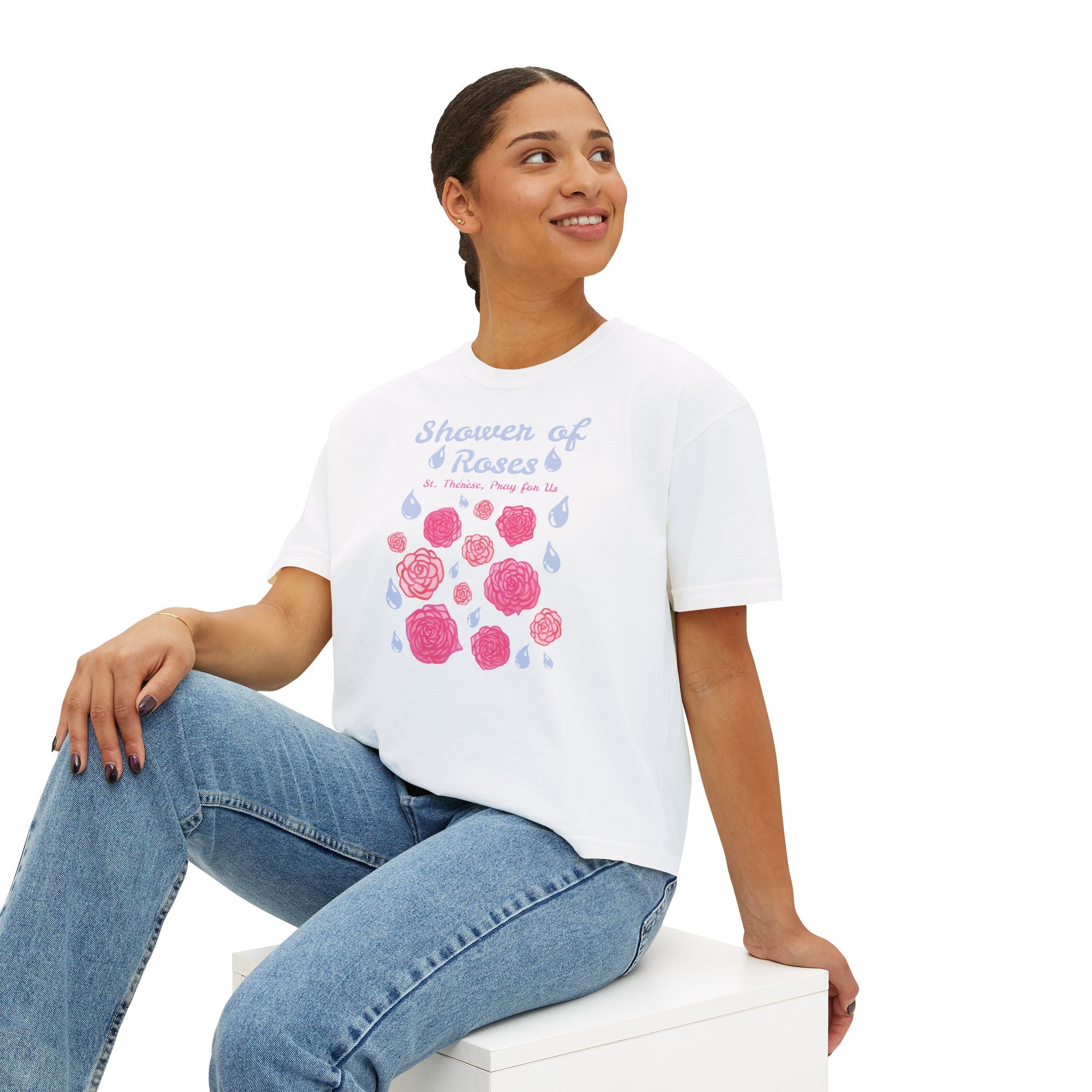 Shower of Roses Women's Boxy Tee | St. Therese Graphic T-shirt Printify