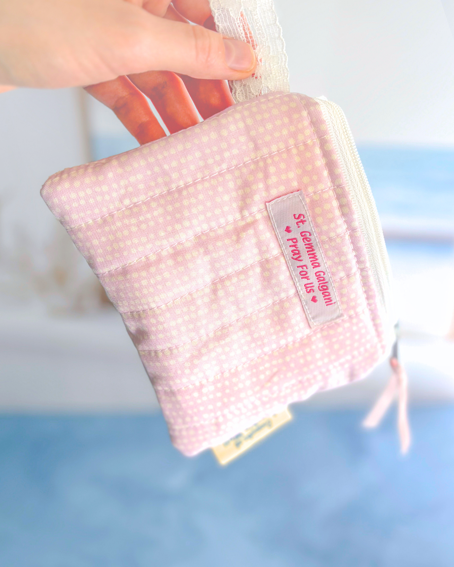 St. Gemma - Sweet Pink - Handmade Quilted Zipper Pouch - Confirmation - Birthday Gift Encounter At Jacob's Well