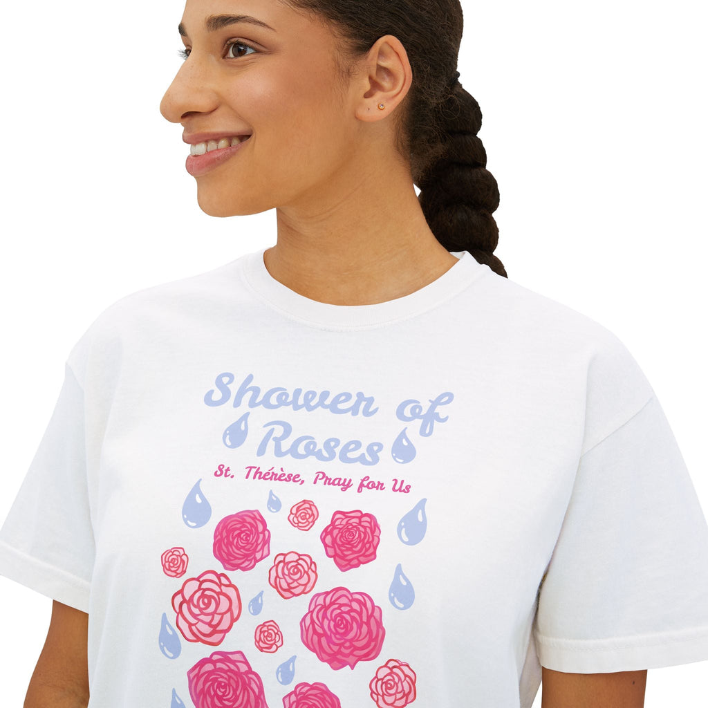 Shower of Roses Women's Boxy Tee | St. Therese Graphic T-shirt Printify