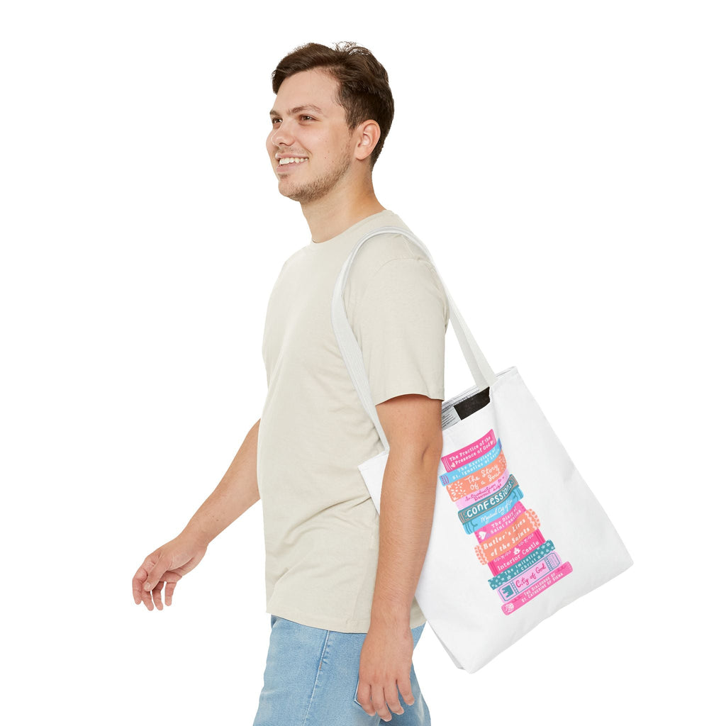 Spiritual Classics Catholic Reading List | Bookworm Tote Bag | St John Bosco Reading Quote | Original Library Illustration Printify