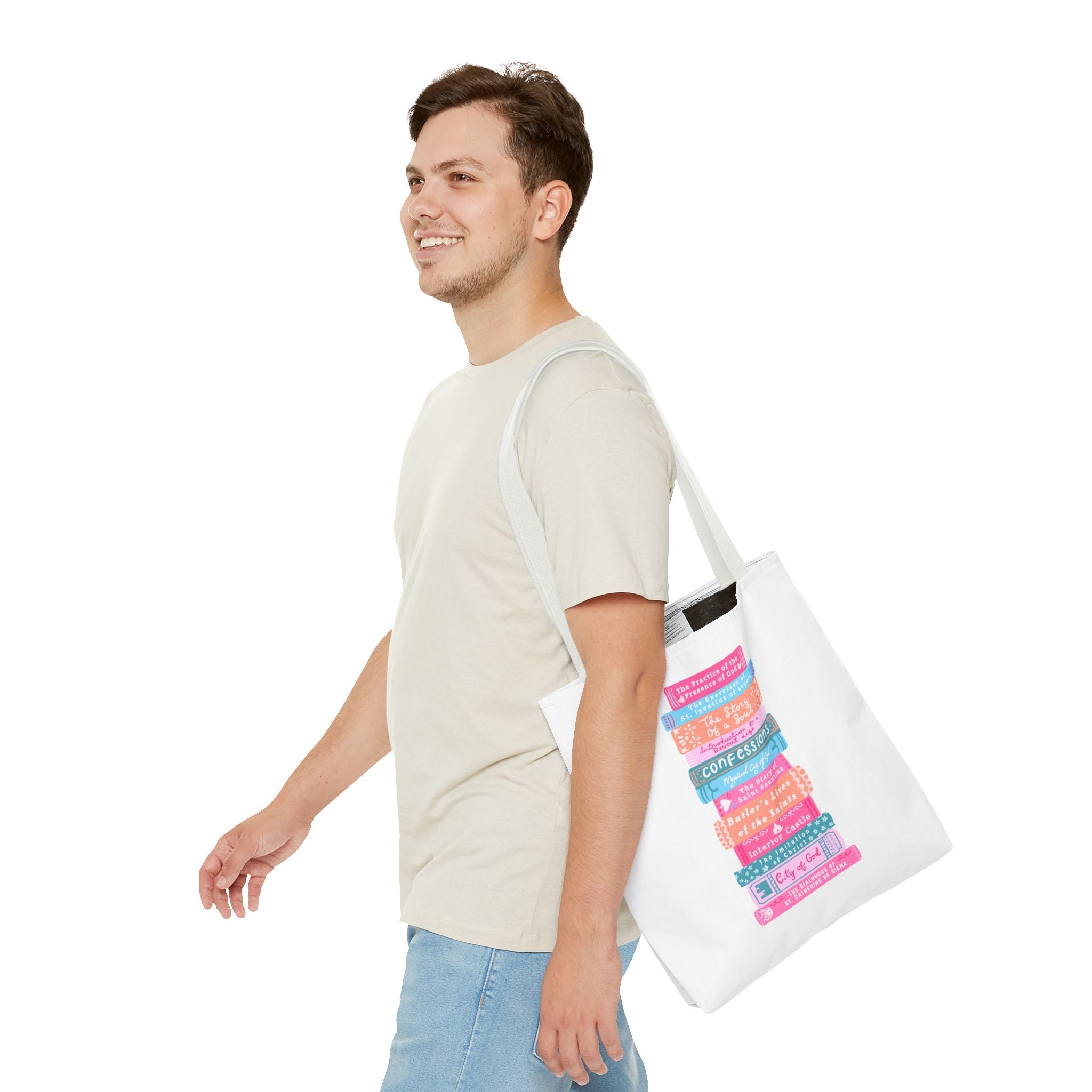 Spiritual Classics Catholic Reading List | Bookworm Tote Bag | St John Bosco Reading Quote | Original Library Illustration Printify