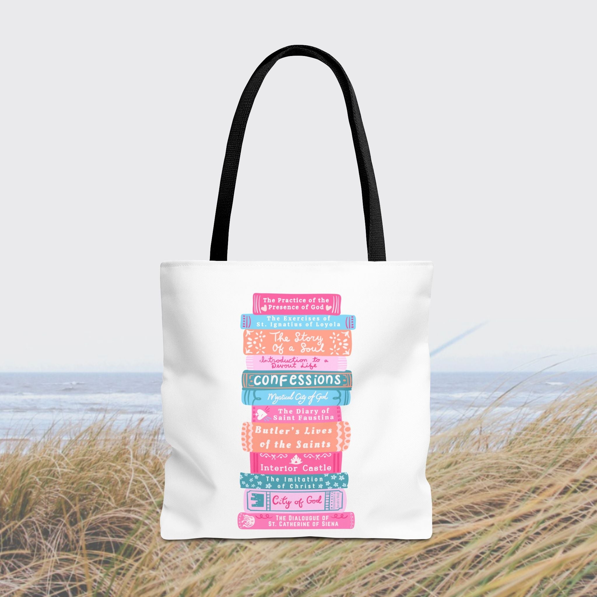Spiritual Classics Catholic Reading List | Bookworm Tote Bag | St John Bosco Reading Quote | Original Library Illustration Printify
