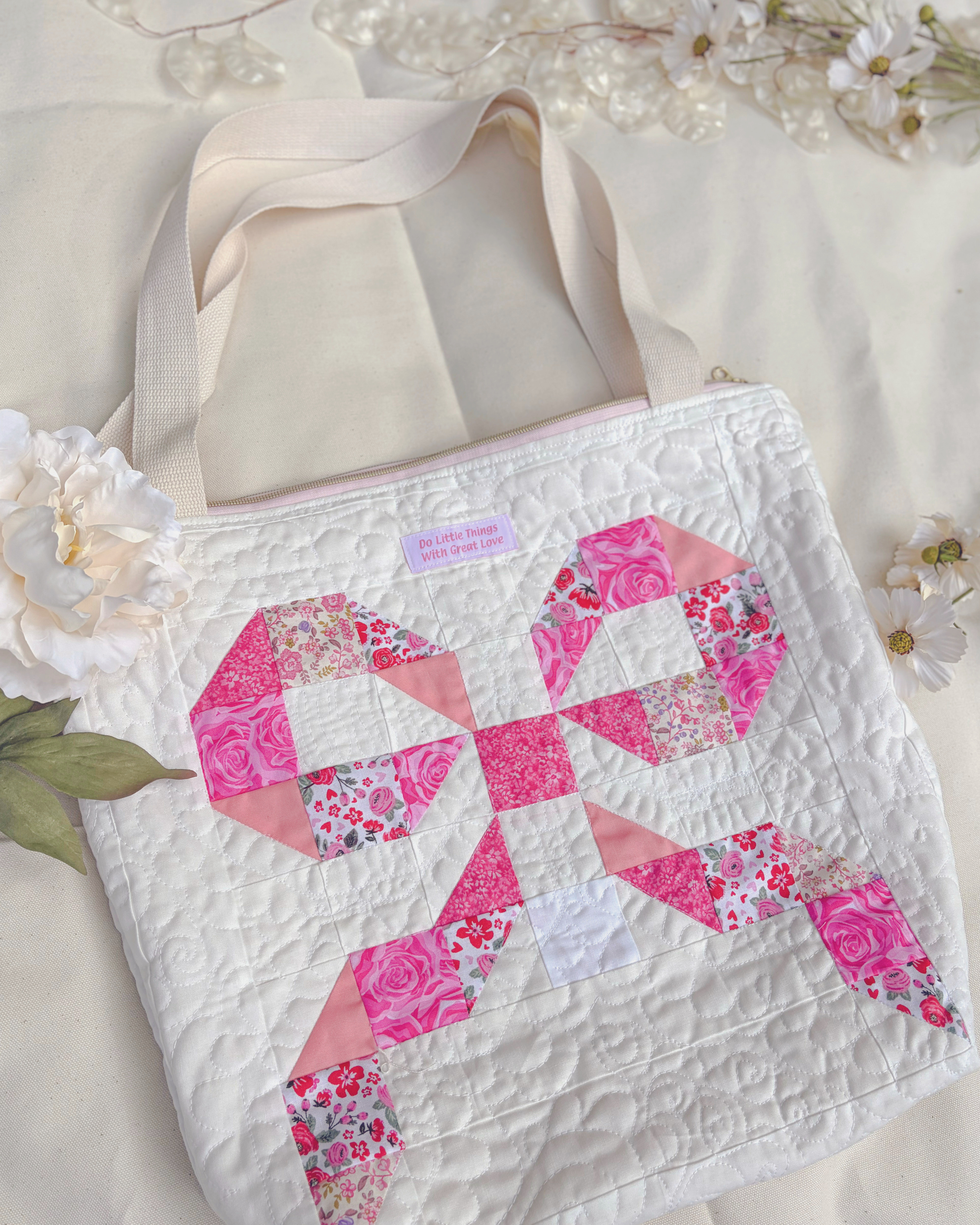 XL Handmade Quilted Catholic Tote Bag – St. Therese, Mother Teresa, Ribbon Bow, Mass Bag Encounter At Jacob's Well