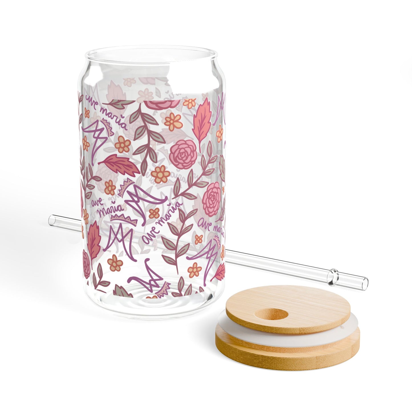 Auspice Maria - Floral Sipper Glass 16oz – Bamboo Lid Tumbler with Straw