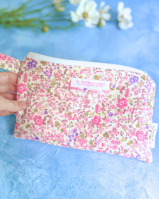 St. Therese - Pink & Purple - Handmade Quilted Prayer Card Pouch