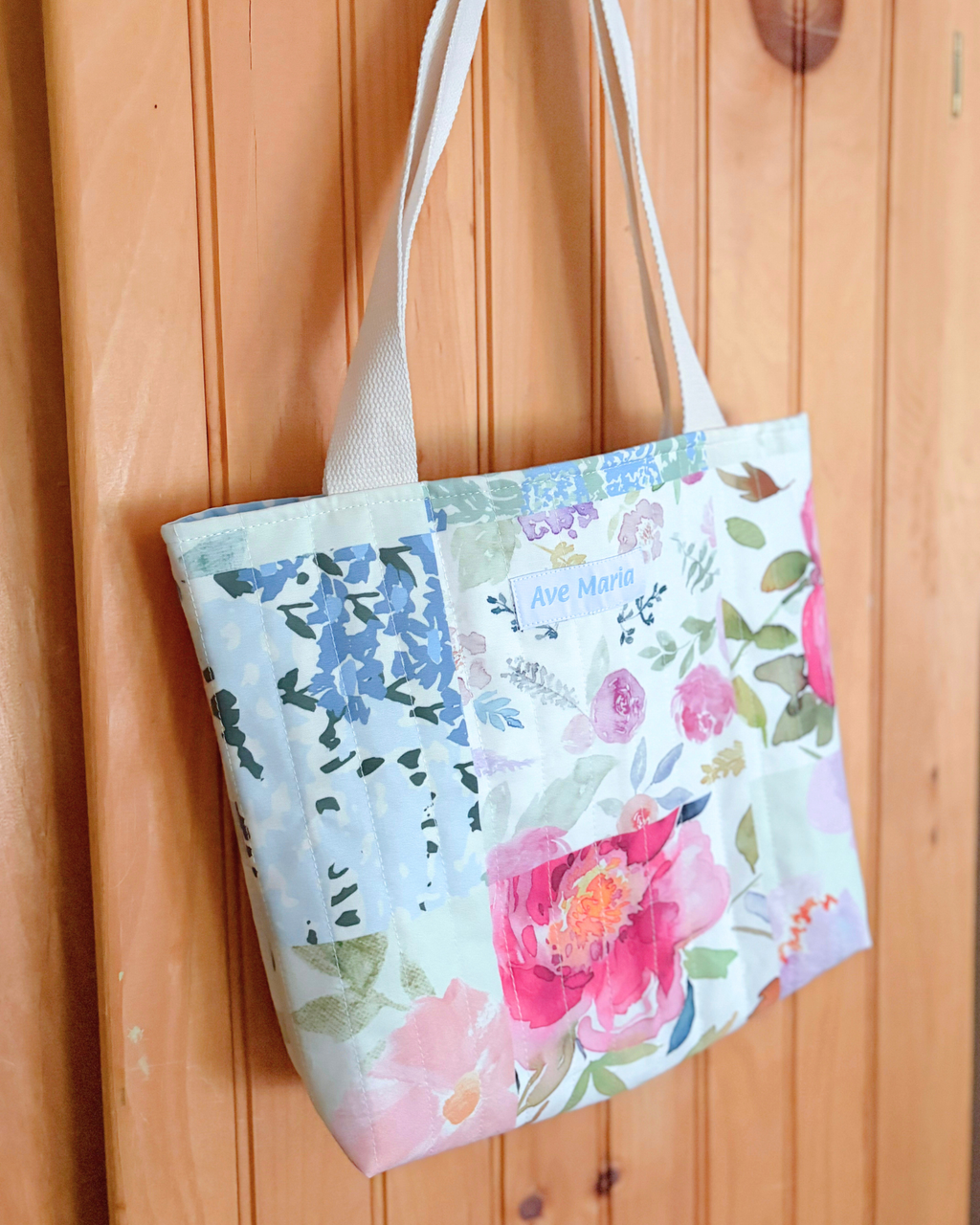 Mother Mary Handmade Quilted Tote Bag – Mini - Soft Floral - Catholic Mass & Adoration Bag