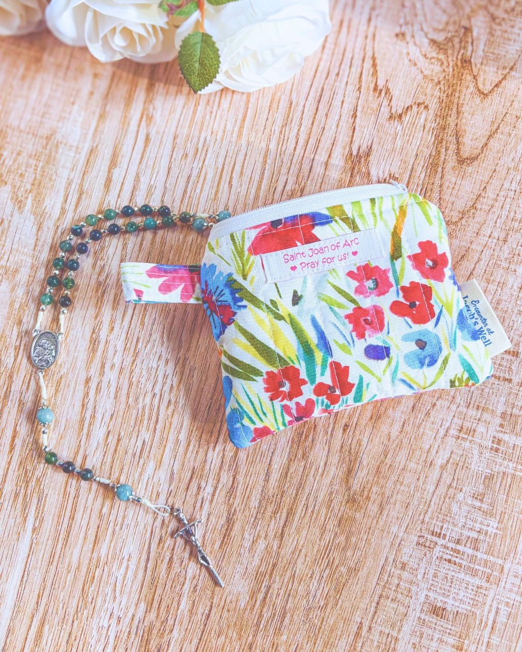 St. Joan of Arc Rosary Pouch - Handmade Quilted Floral Zipper Pouch - Confirmation Gift Encounter At Jacob's Well