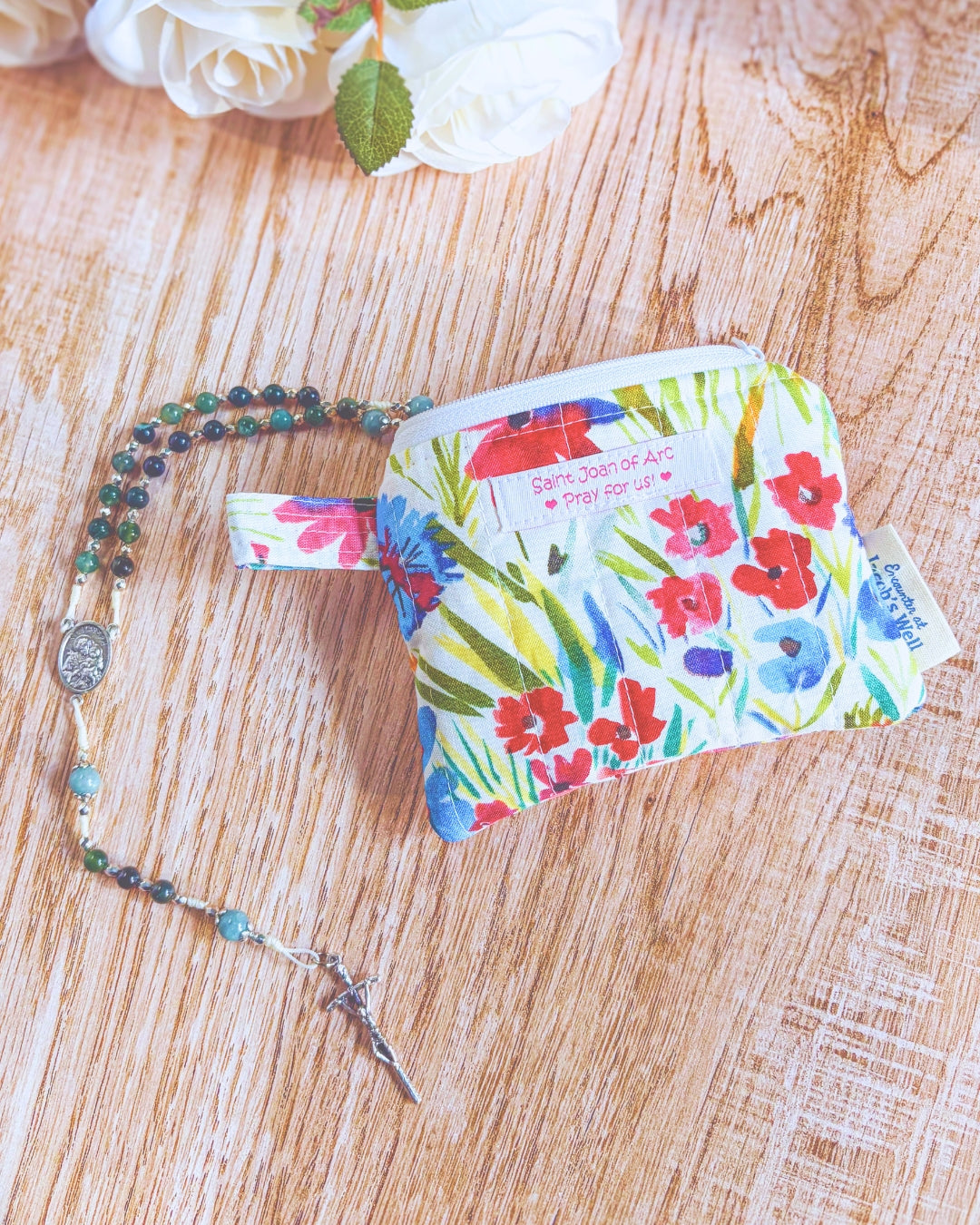 St. Joan of Arc Rosary Pouch - Handmade Quilted Floral Zipper Pouch - Confirmation Gift Encounter At Jacob's Well