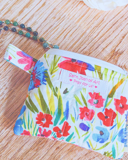 St. Joan of Arc Rosary Pouch - Handmade Quilted Floral Zipper Pouch - Confirmation Gift Encounter At Jacob's Well