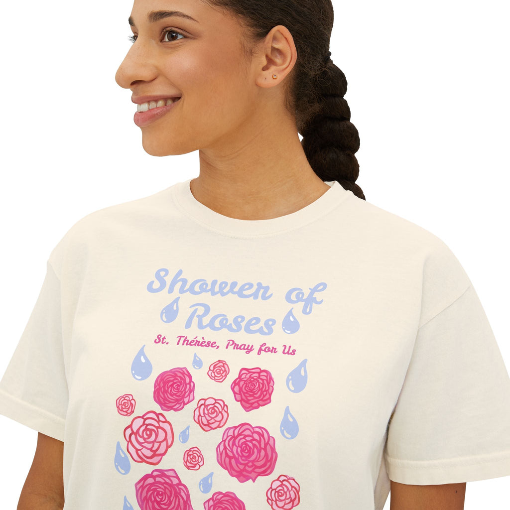 Shower of Roses Women's Boxy Tee | St. Therese Graphic T-shirt Printify