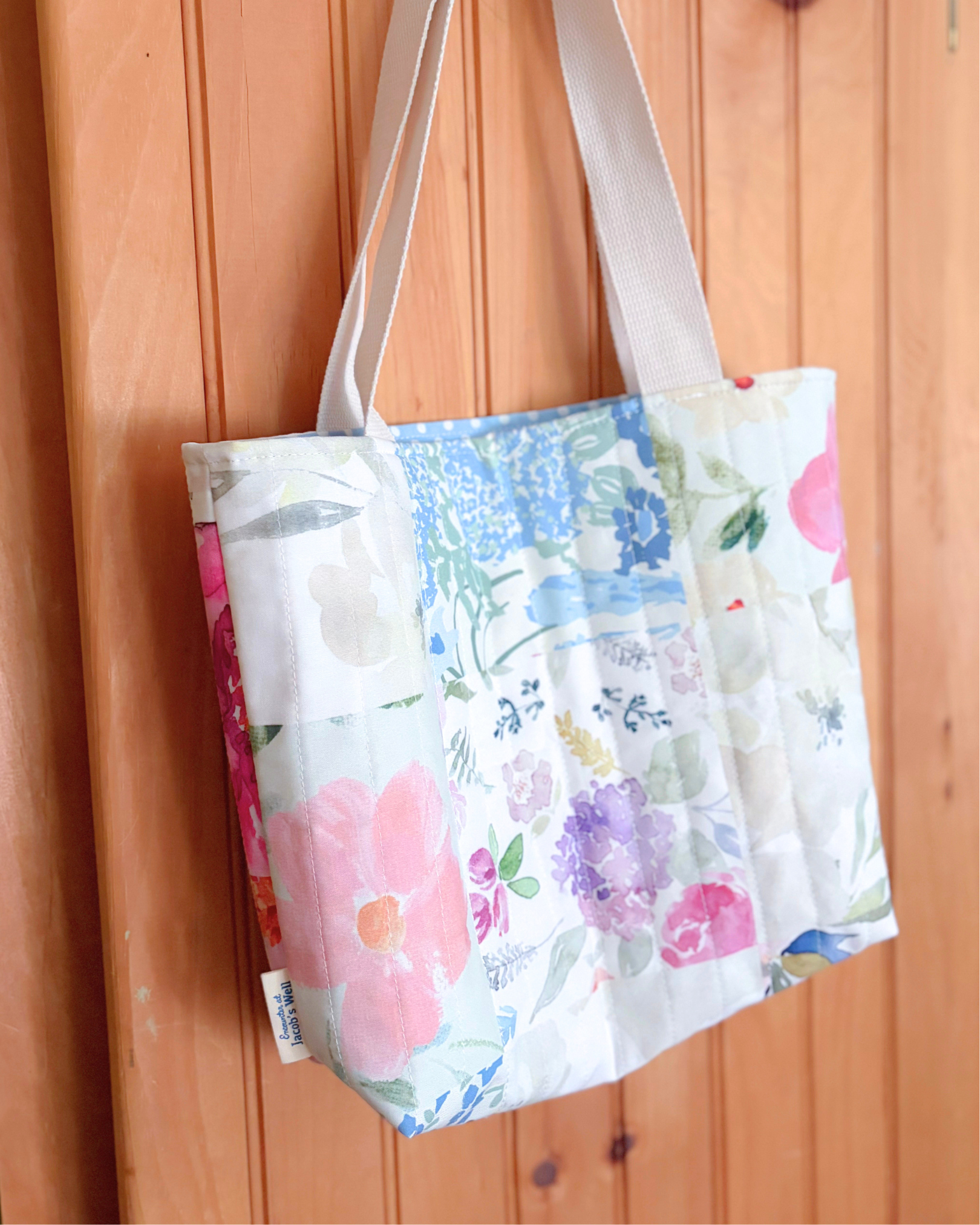 Mother Mary Handmade Quilted Tote Bag – Mini - Soft Floral - Catholic Mass & Adoration Bag