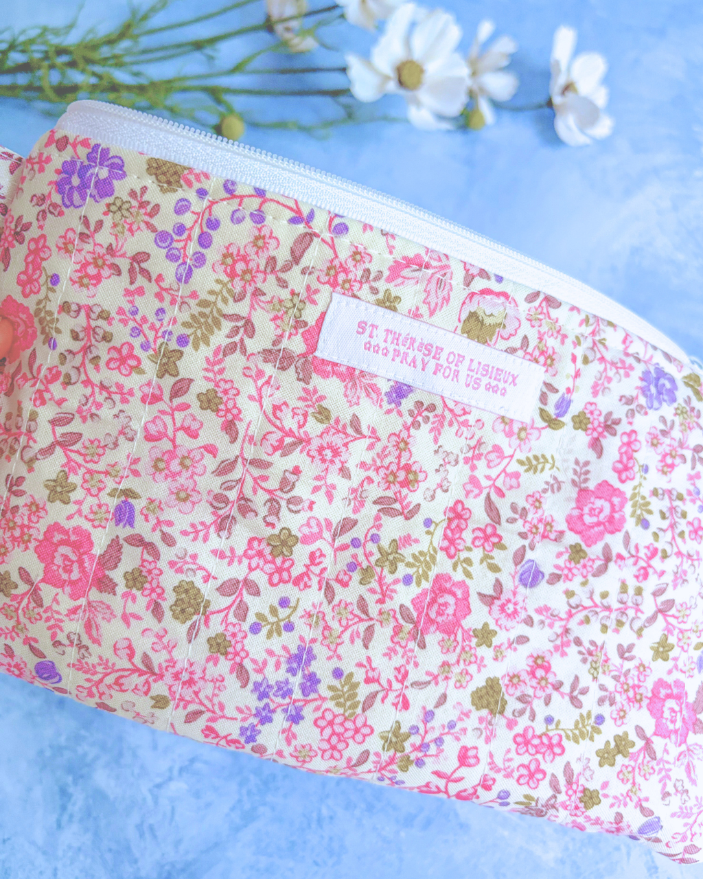 St. Therese - Pink & Purple - Handmade Quilted Prayer Card Pouch