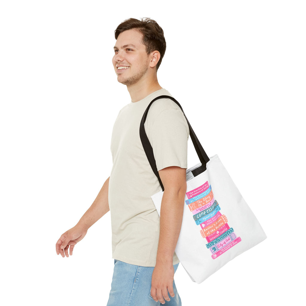 Spiritual Classics Catholic Reading List | Bookworm Tote Bag | St John Bosco Reading Quote | Original Library Illustration Printify