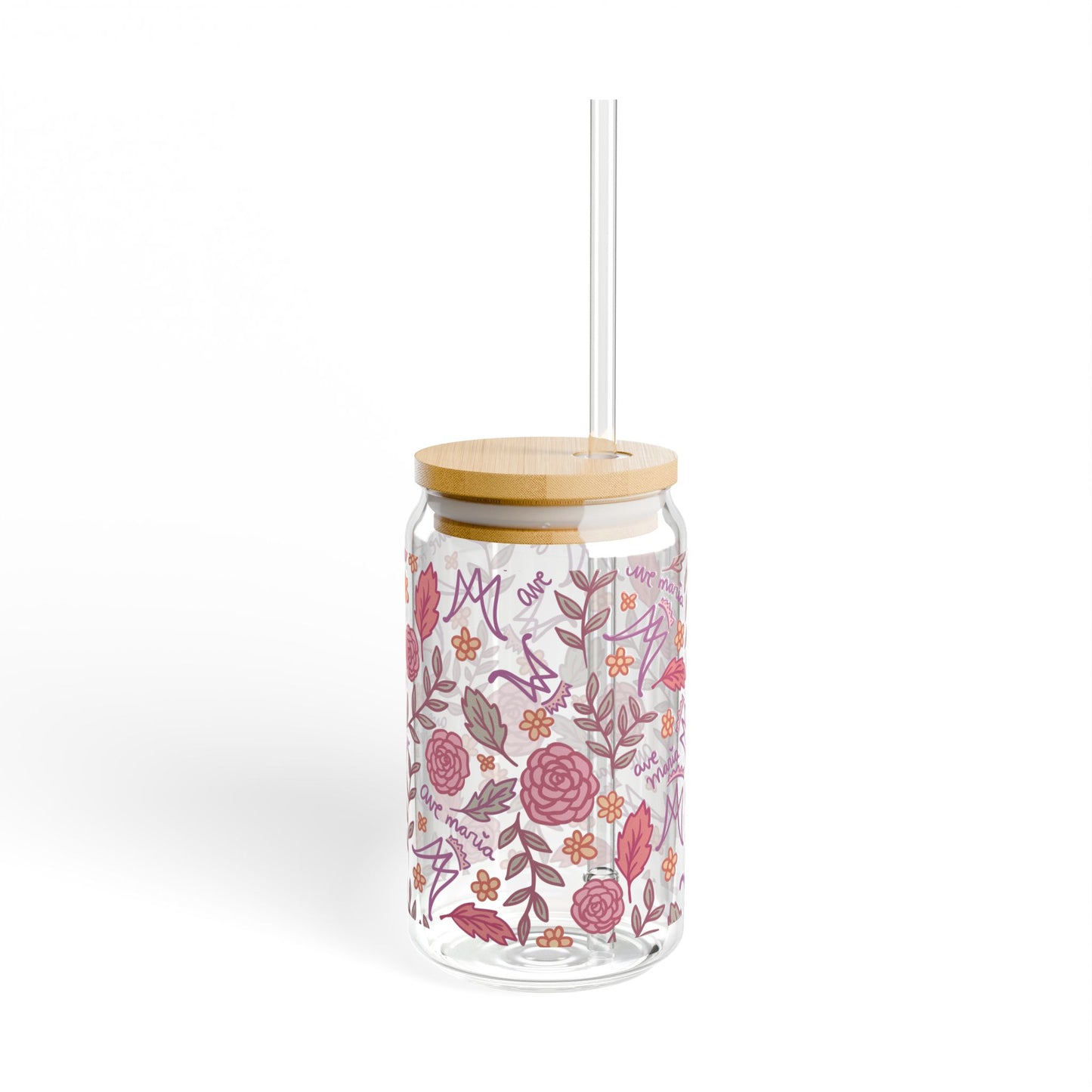 Auspice Maria - Floral Sipper Glass 16oz – Bamboo Lid Tumbler with Straw