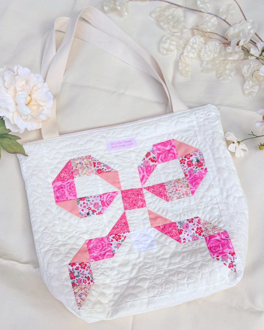 XL Handmade Quilted Catholic Tote Bag – St. Therese, Mother Teresa, Ribbon Bow, Mass Bag Encounter At Jacob's Well