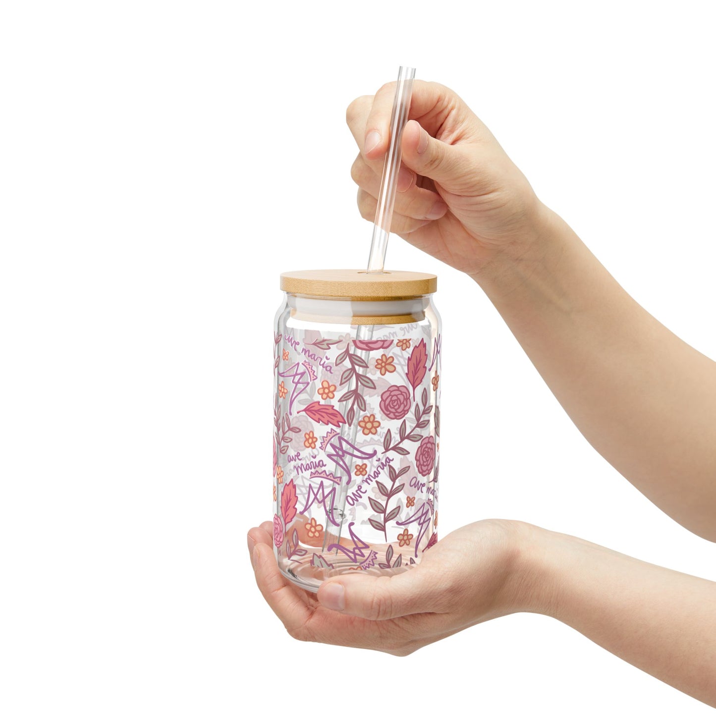 Auspice Maria - Floral Sipper Glass 16oz – Bamboo Lid Tumbler with Straw