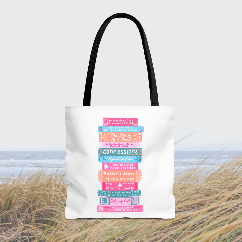 Spiritual Classics Catholic Reading List | Bookworm Tote Bag | St John Bosco Reading Quote | Original Library Illustration Printify