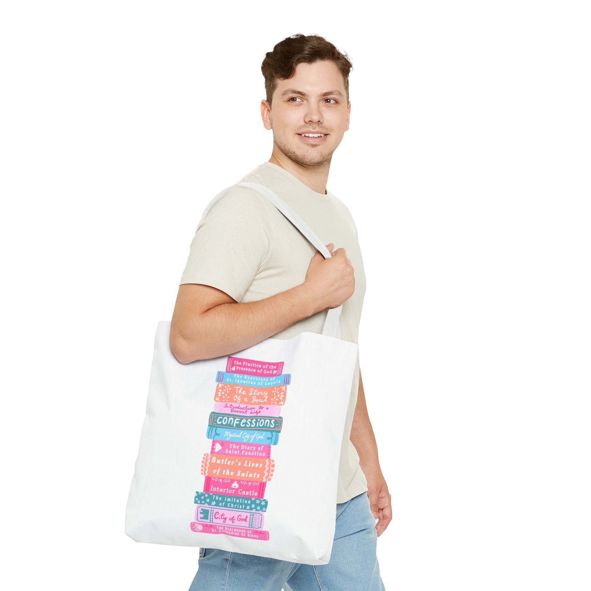 Spiritual Classics Catholic Reading List | Bookworm Tote Bag | St John Bosco Reading Quote | Original Library Illustration Printify