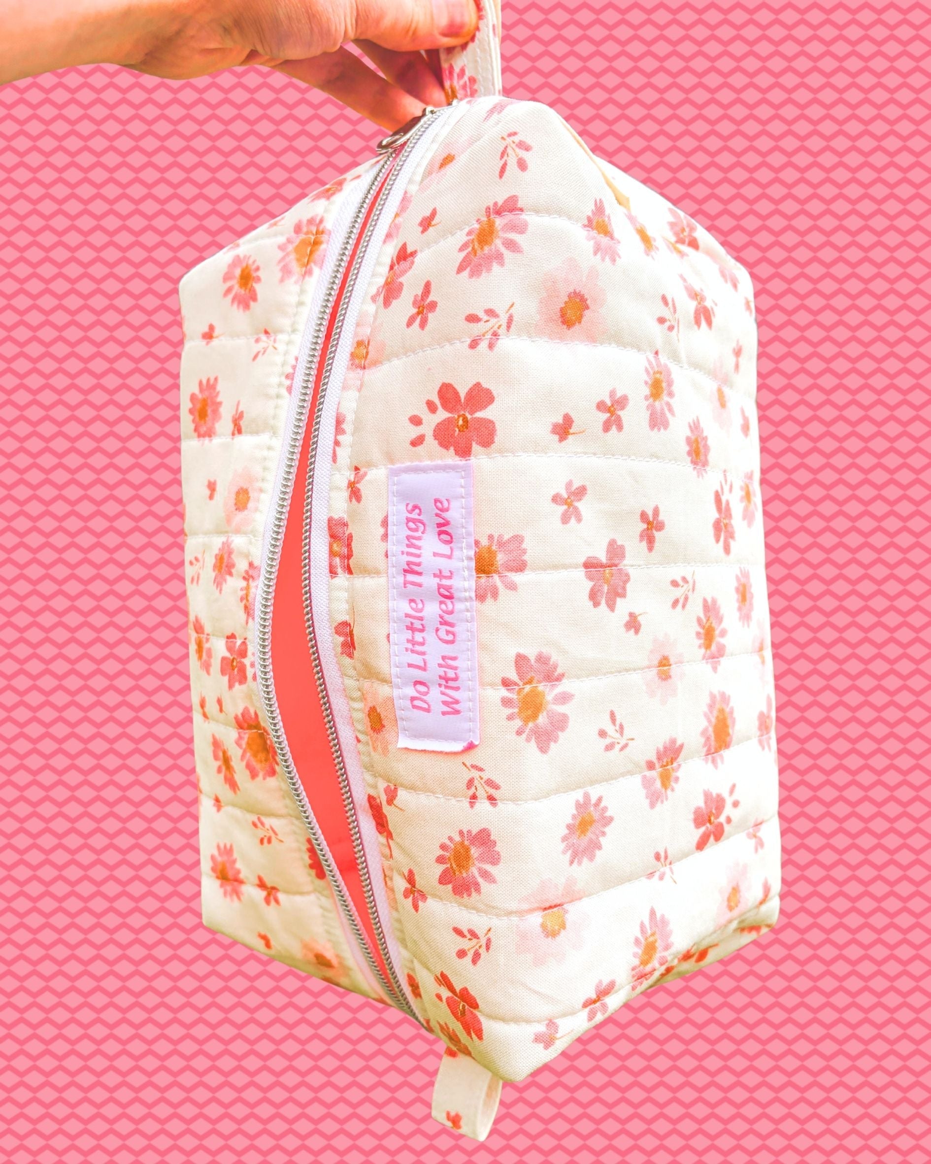 Little Things with Great Love - Large Quilted Essentials Bag – Pink Boxy Pouch, Handmade Travel Craft Bag Encounter At Jacob's Well