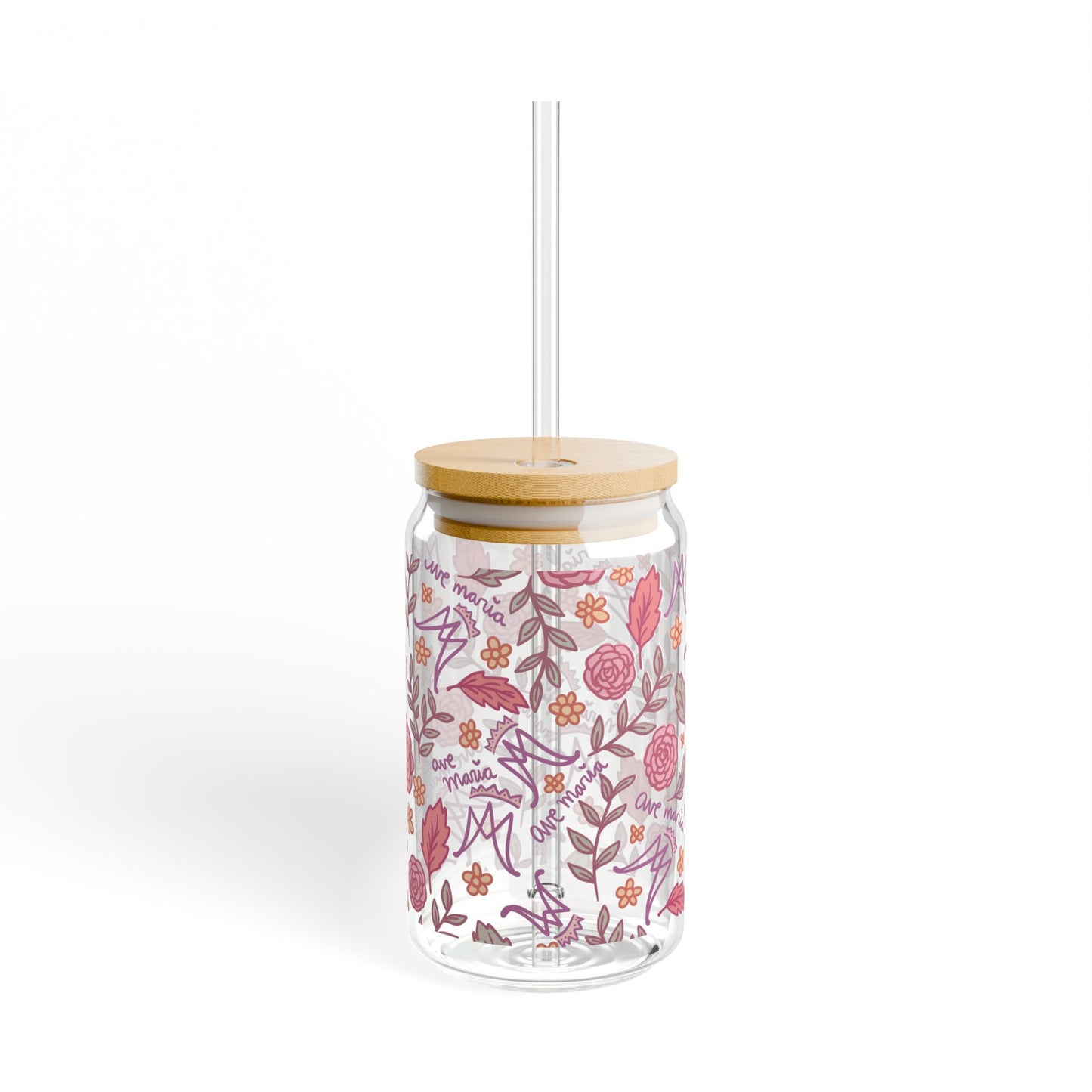 Auspice Maria - Floral Sipper Glass 16oz – Bamboo Lid Tumbler with Straw