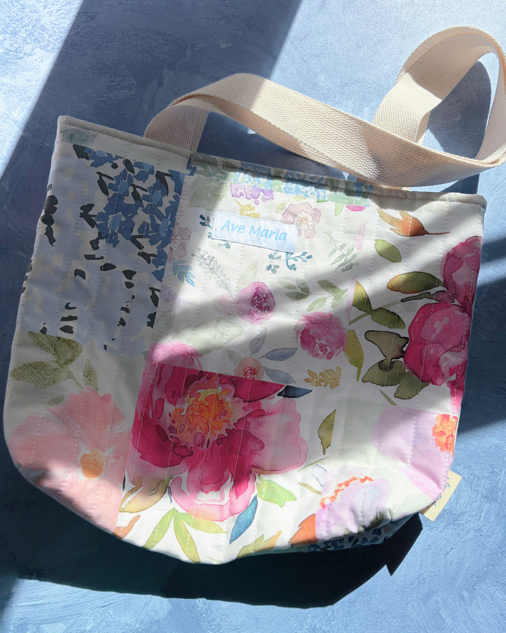 Mother Mary Handmade Quilted Tote Bag – Mini - Soft Floral - Catholic Mass & Adoration Bag