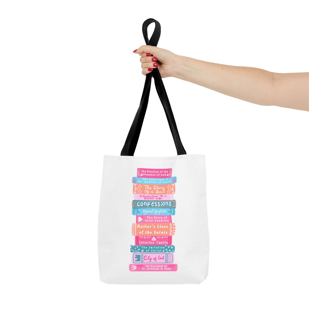 Spiritual Classics Catholic Reading List | Bookworm Tote Bag | St John Bosco Reading Quote | Original Library Illustration Printify