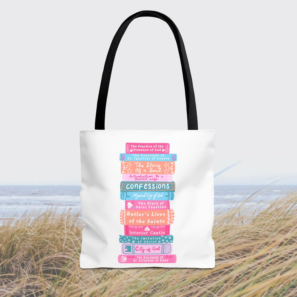 Spiritual Classics Catholic Reading List | Bookworm Tote Bag | St John Bosco Reading Quote | Original Library Illustration Printify