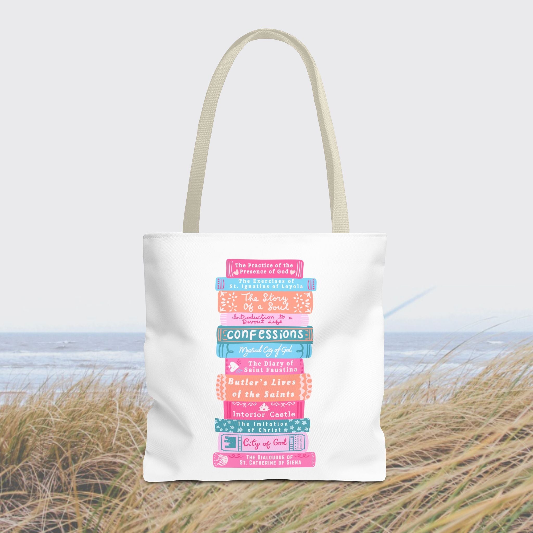 Spiritual Classics Catholic Reading List | Bookworm Tote Bag | St John Bosco Reading Quote | Original Library Illustration Printify