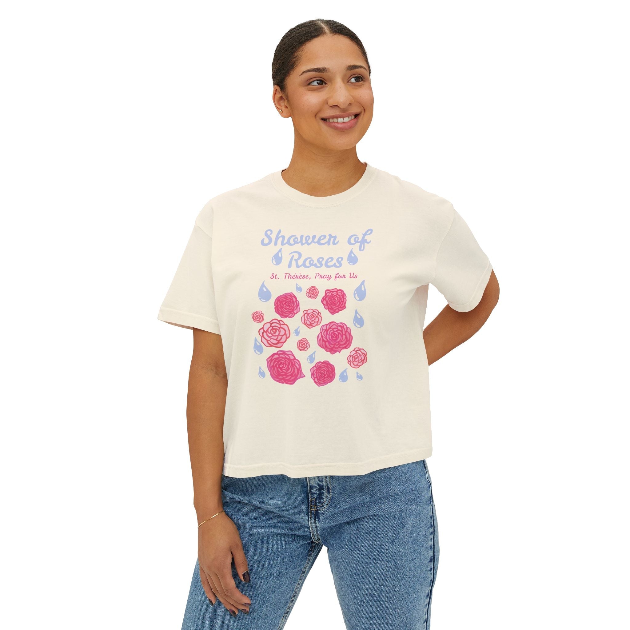 Shower of Roses Women's Boxy Tee | St. Therese Graphic T-shirt Printify