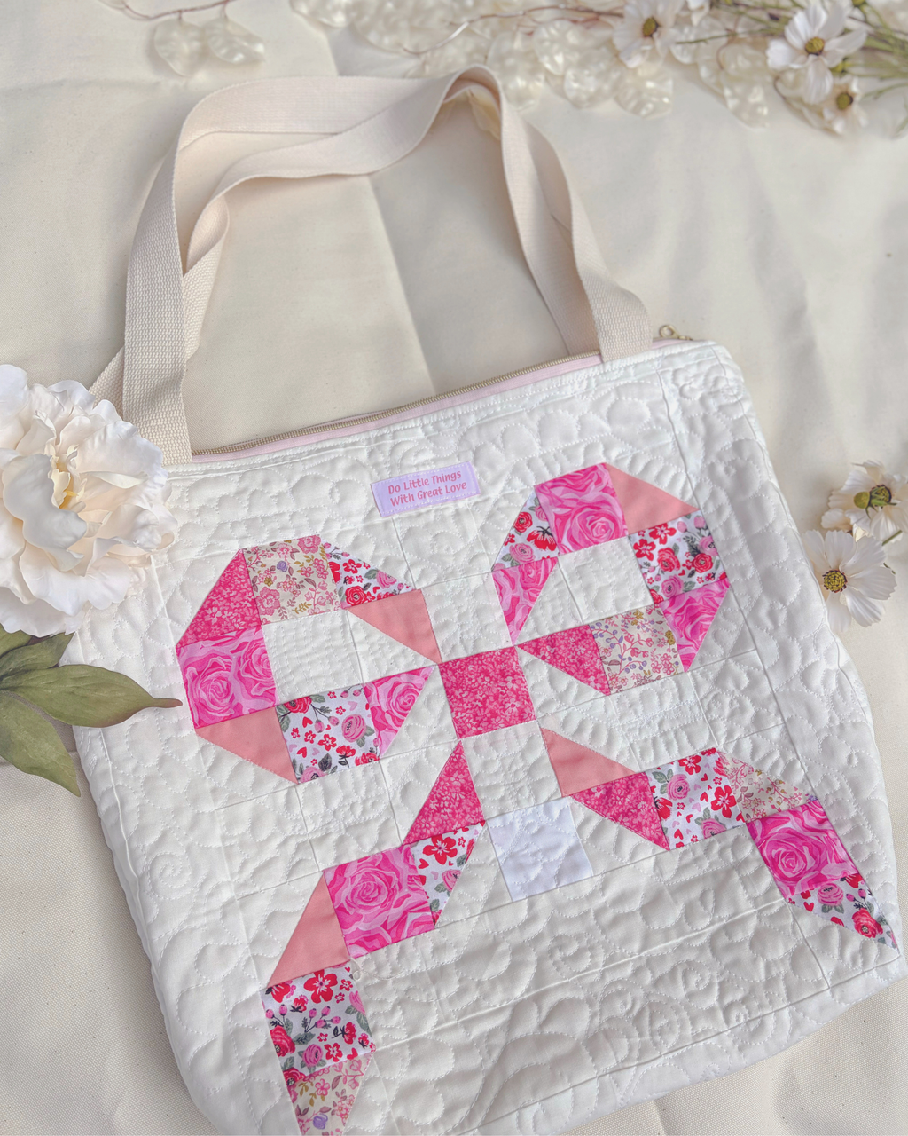 XL Handmade Quilted Catholic Tote Bag – St. Therese, Mother Teresa, Ribbon Bow, Mass Bag Encounter At Jacob's Well