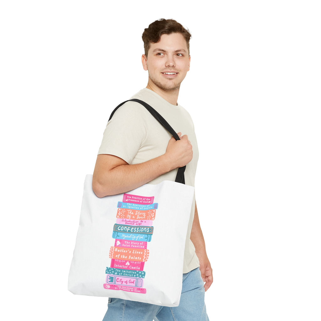 Spiritual Classics Catholic Reading List | Bookworm Tote Bag | St John Bosco Reading Quote | Original Library Illustration Printify