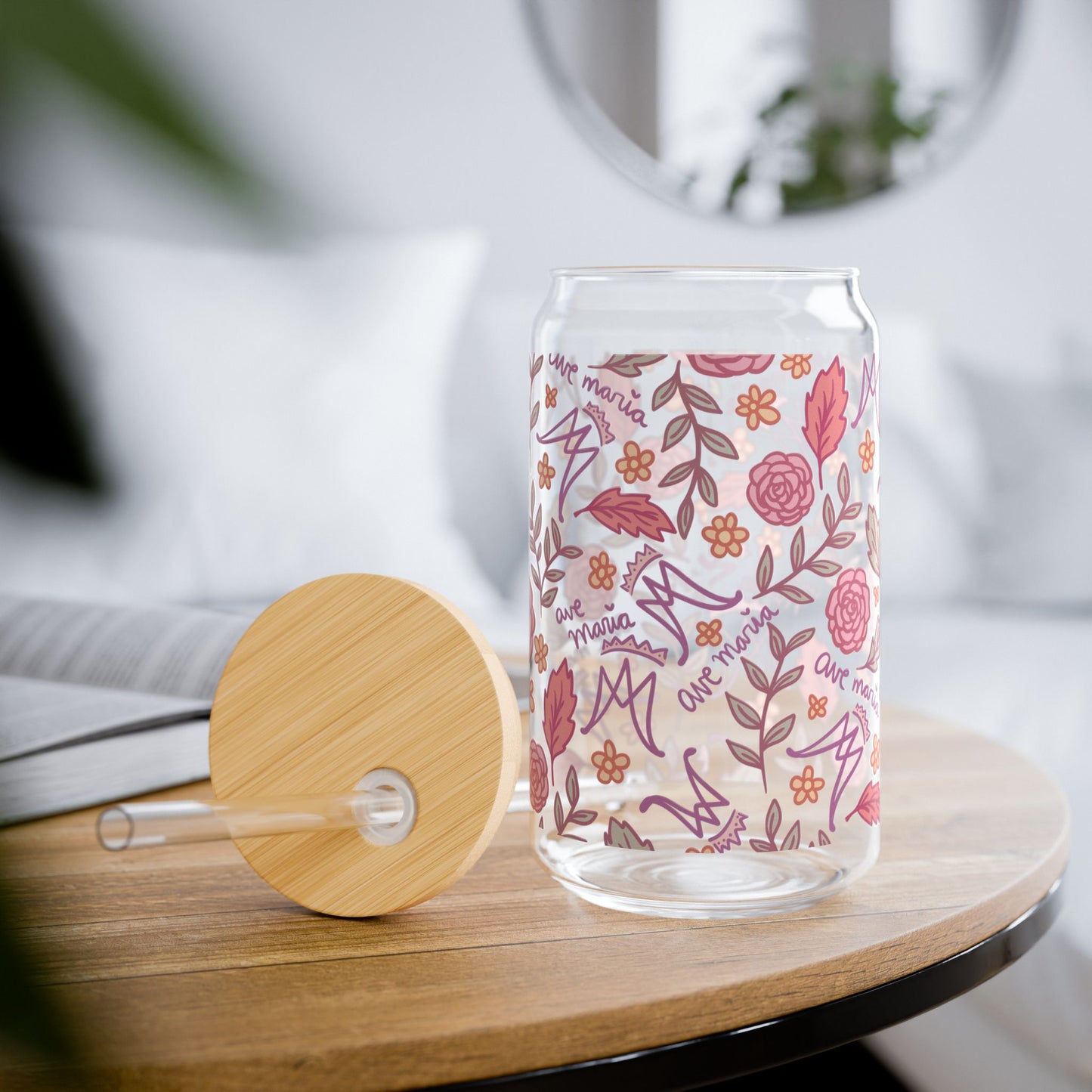 Auspice Maria - Floral Sipper Glass 16oz – Bamboo Lid Tumbler with Straw