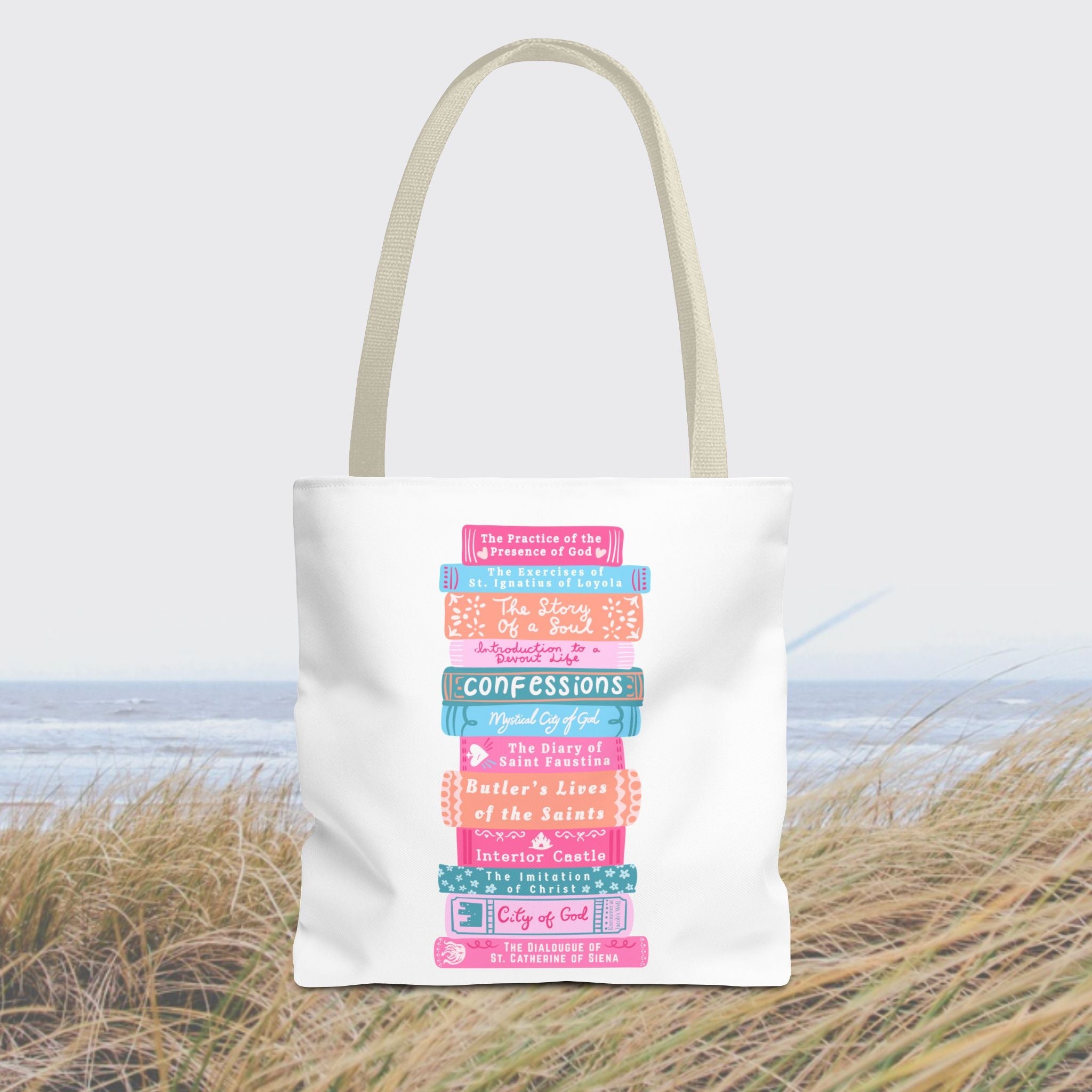 Spiritual Classics Catholic Reading List | Bookworm Tote Bag | St John Bosco Reading Quote | Original Library Illustration Printify