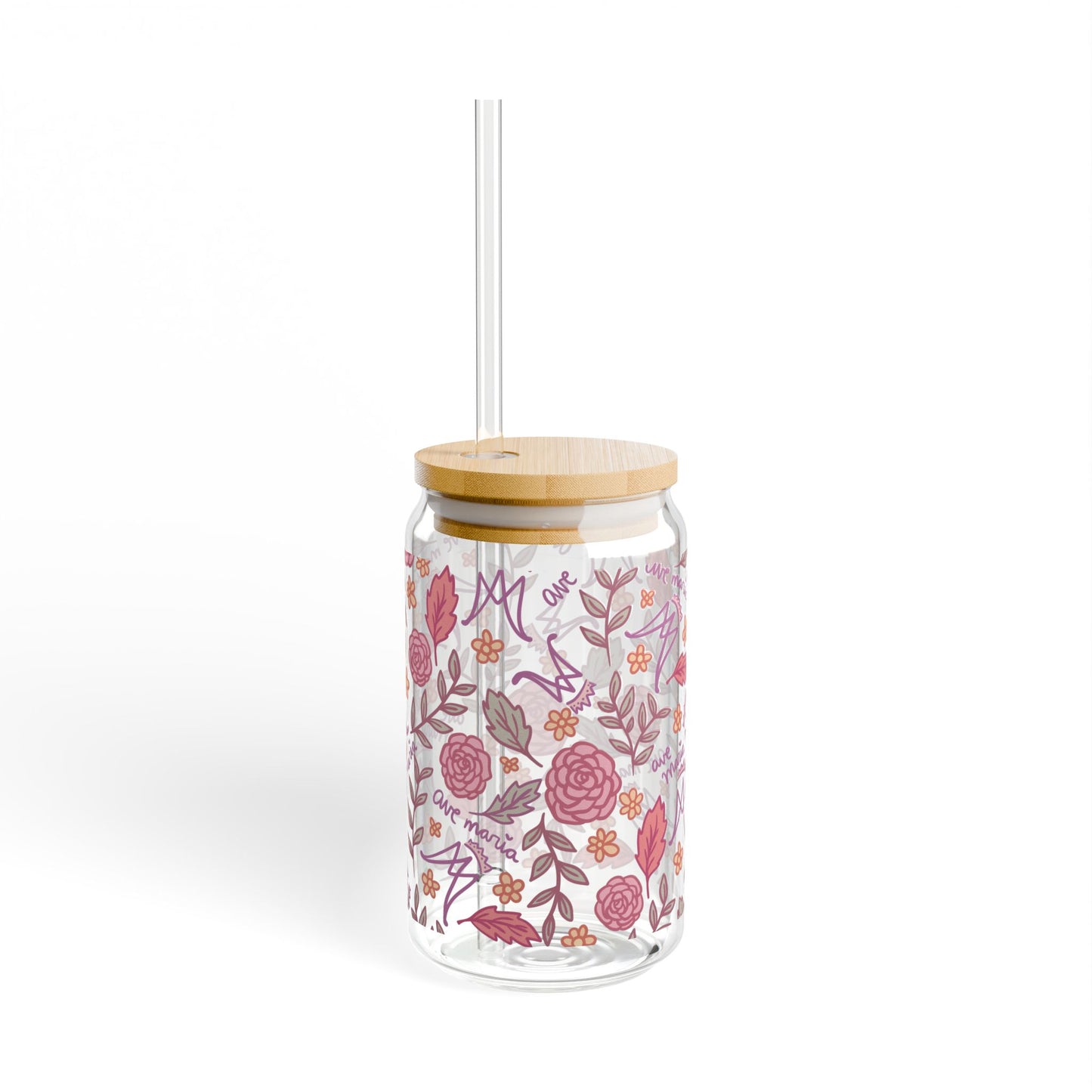 Auspice Maria - Floral Sipper Glass 16oz – Bamboo Lid Tumbler with Straw