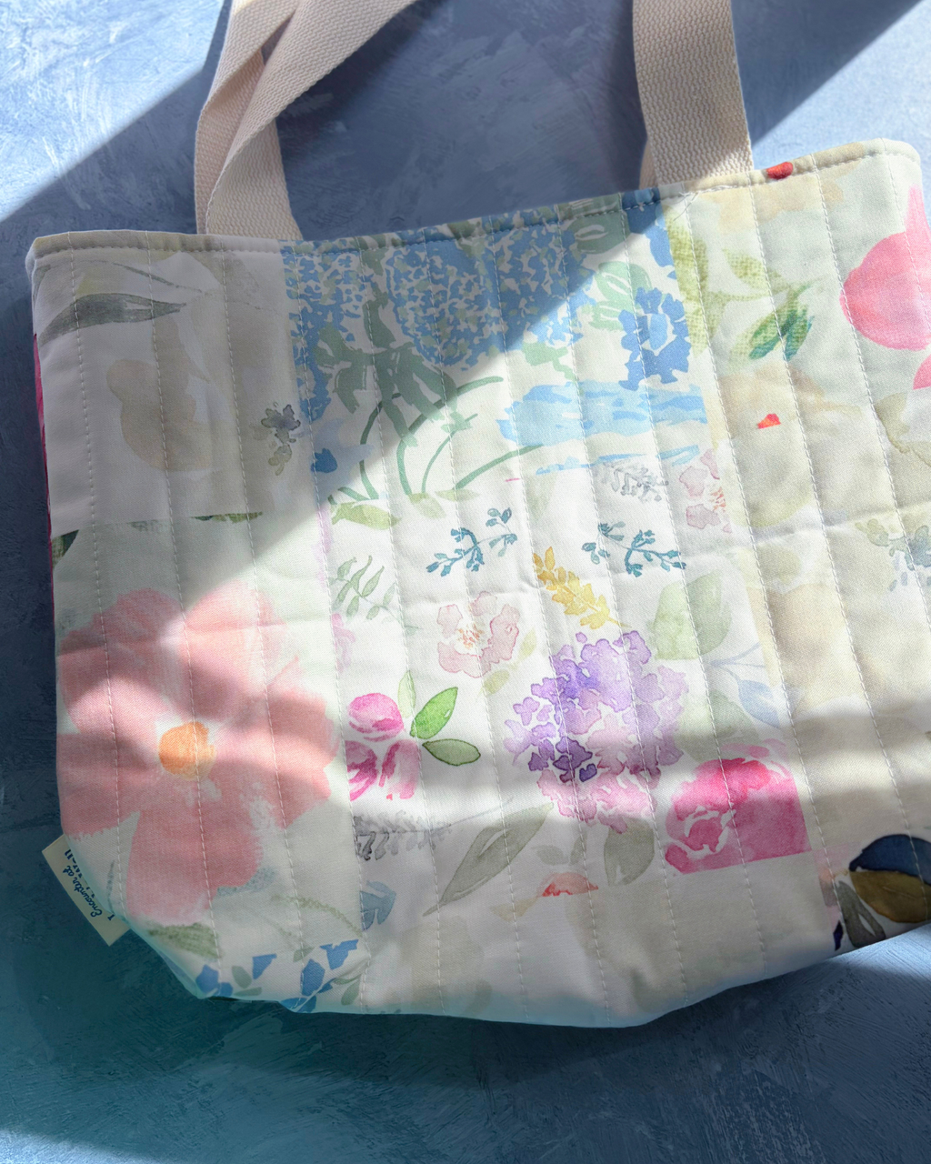 Mother Mary Handmade Quilted Tote Bag – Mini - Soft Floral - Catholic Mass & Adoration Bag