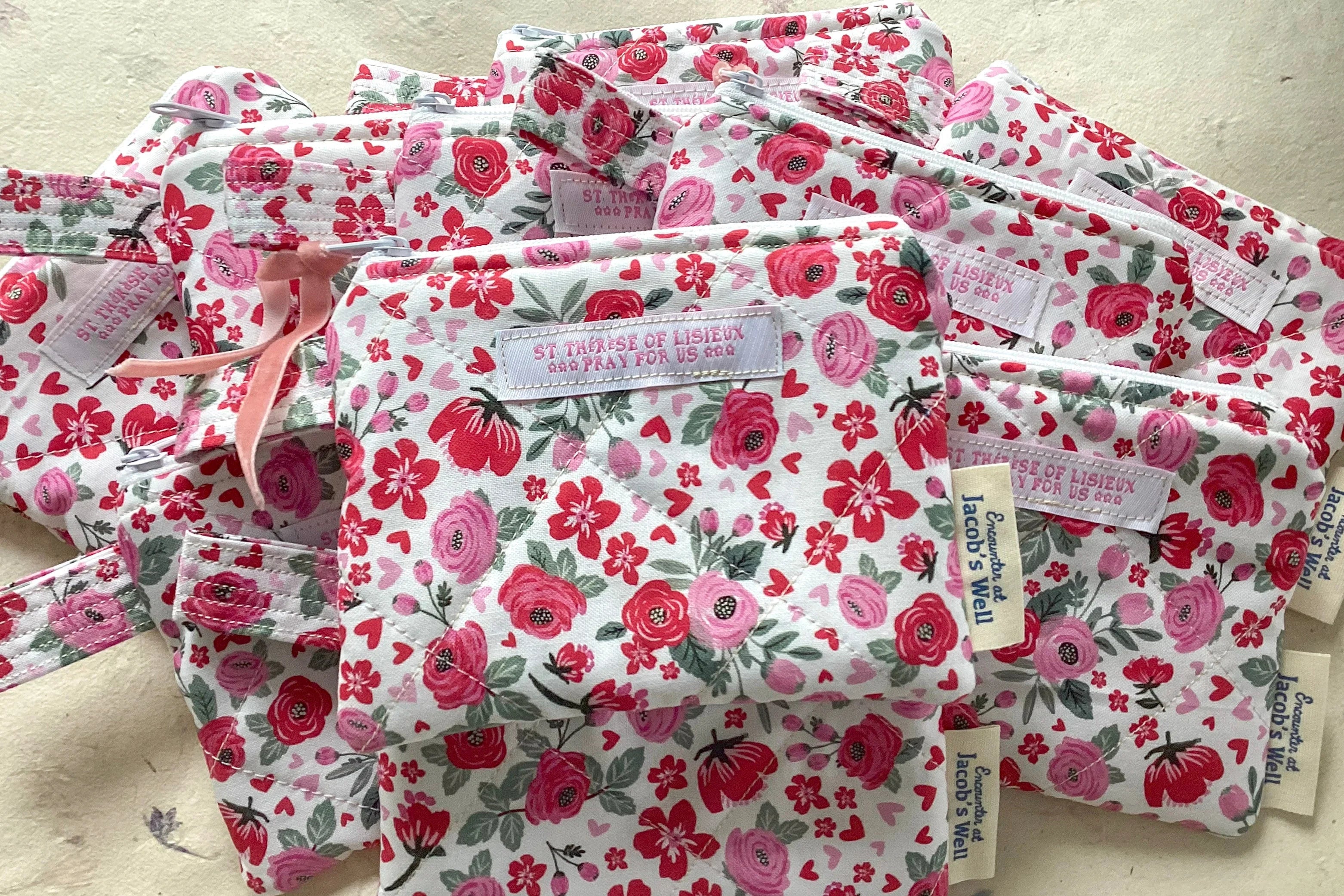 Saint Therese Rosary Pouch – Little Flower Quilted Zipper Pouch - St. Valentine Gift Encounter At Jacob's Well