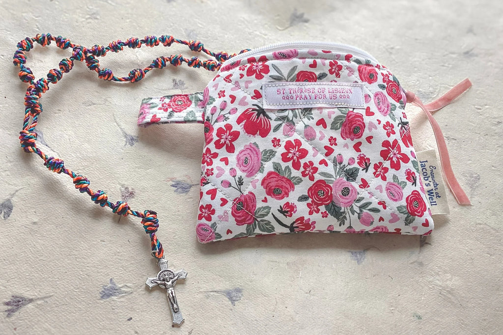 Saint Therese Rosary Pouch – Little Flower Quilted Zipper Pouch - St. Valentine Gift Encounter At Jacob's Well