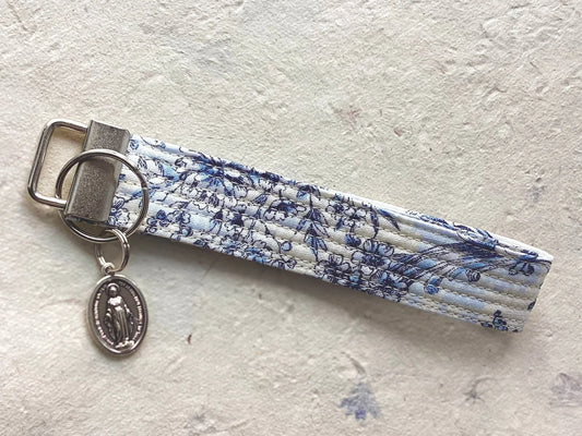Elegant Blue and White Miraculous Medal Key Fob Wristlet - Catholic Keychain Encounter At Jacob's Well