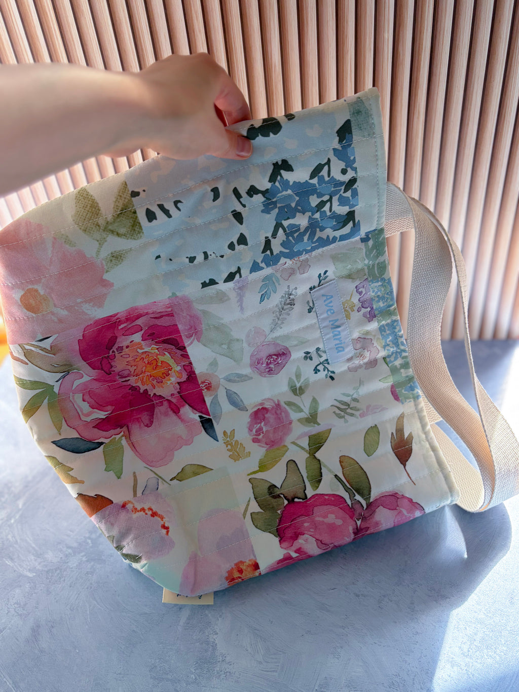 Mother Mary Handmade Quilted Tote Bag – Mini - Soft Floral - Catholic Mass & Adoration Bag