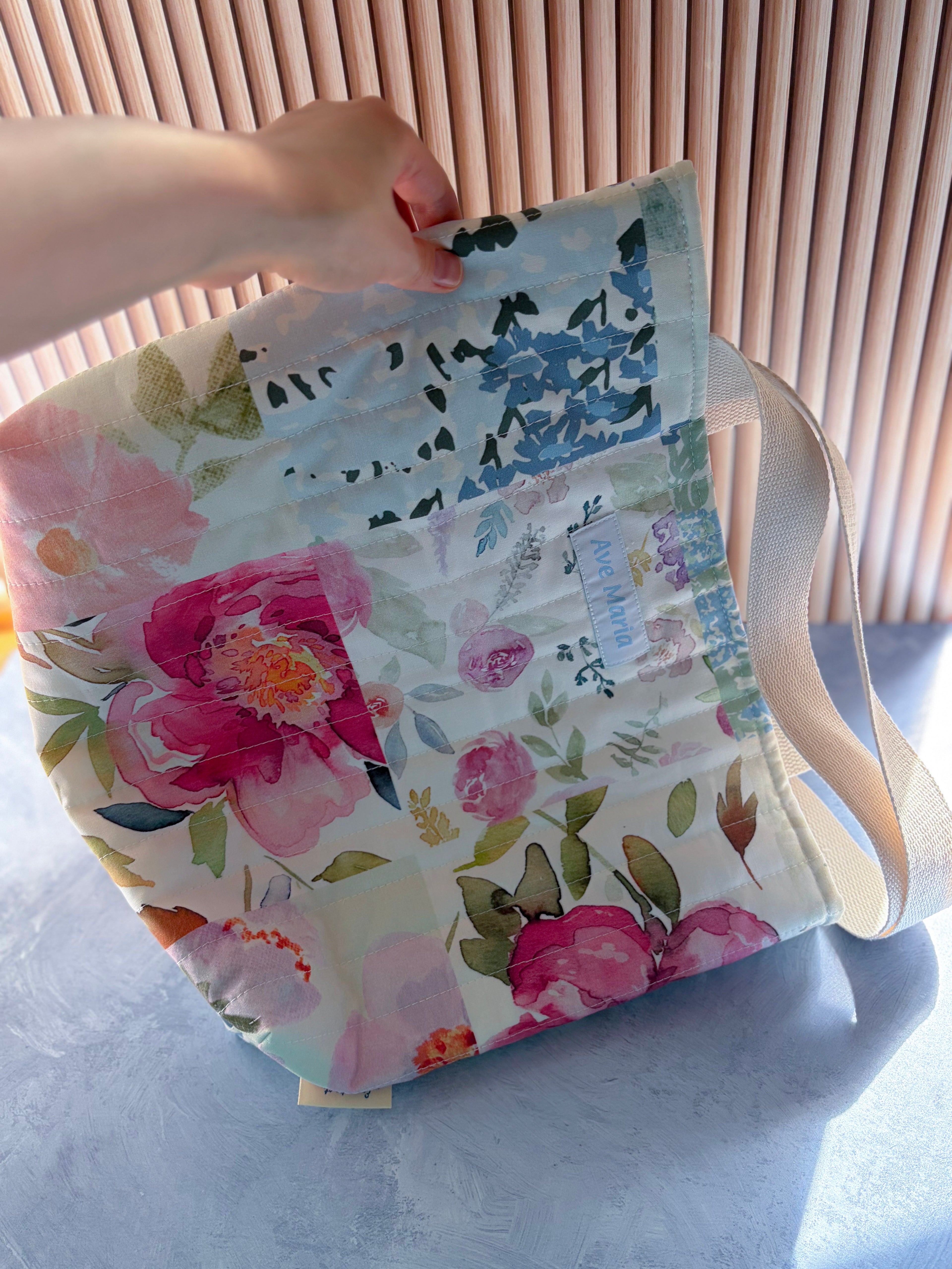 Mother Mary Handmade Quilted Tote Bag – Mini - Soft Floral - Catholic Mass & Adoration Bag