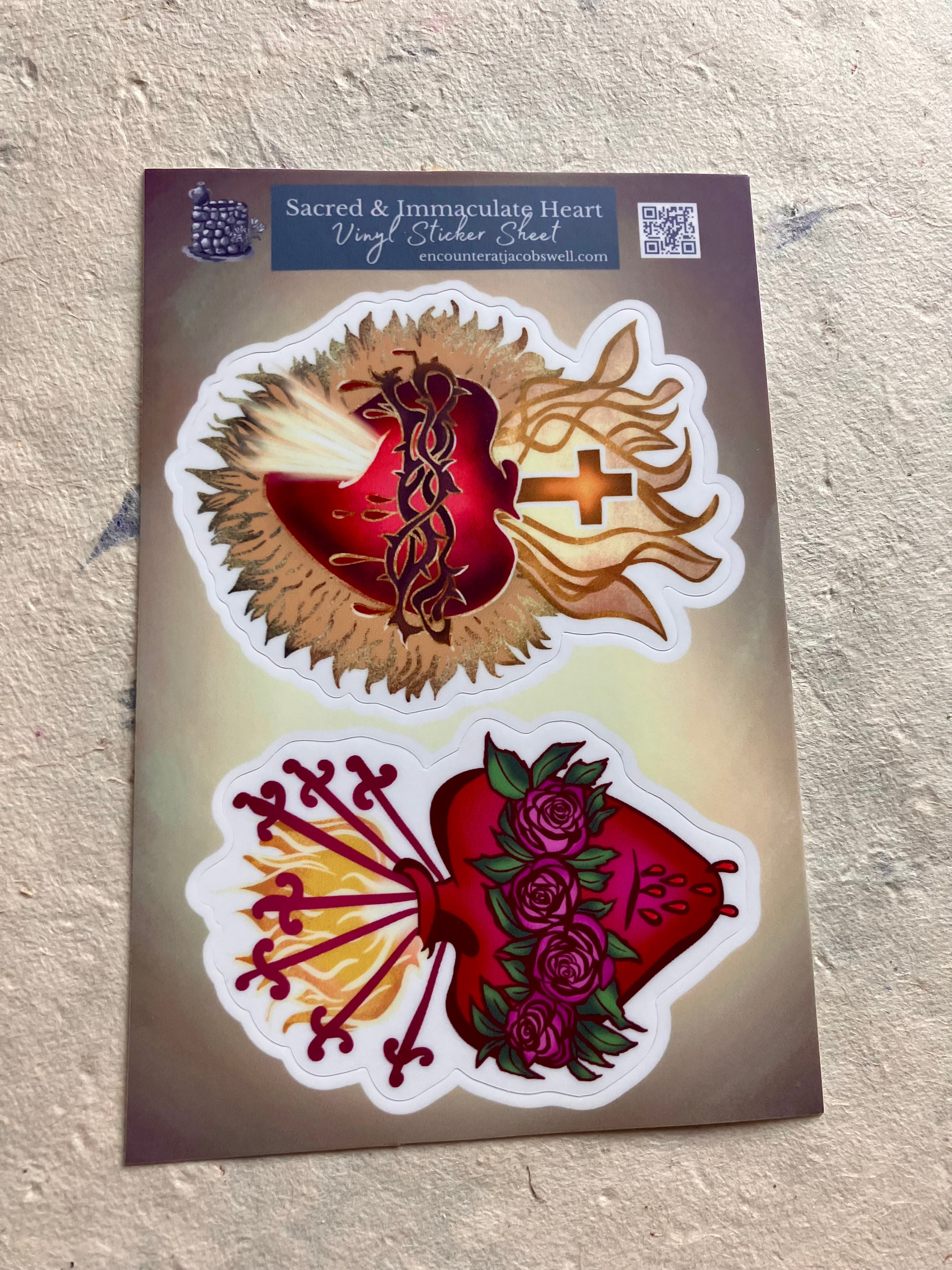 Sacred and Immaculate Heart - Vinyl Waterproof Sticker Sheet