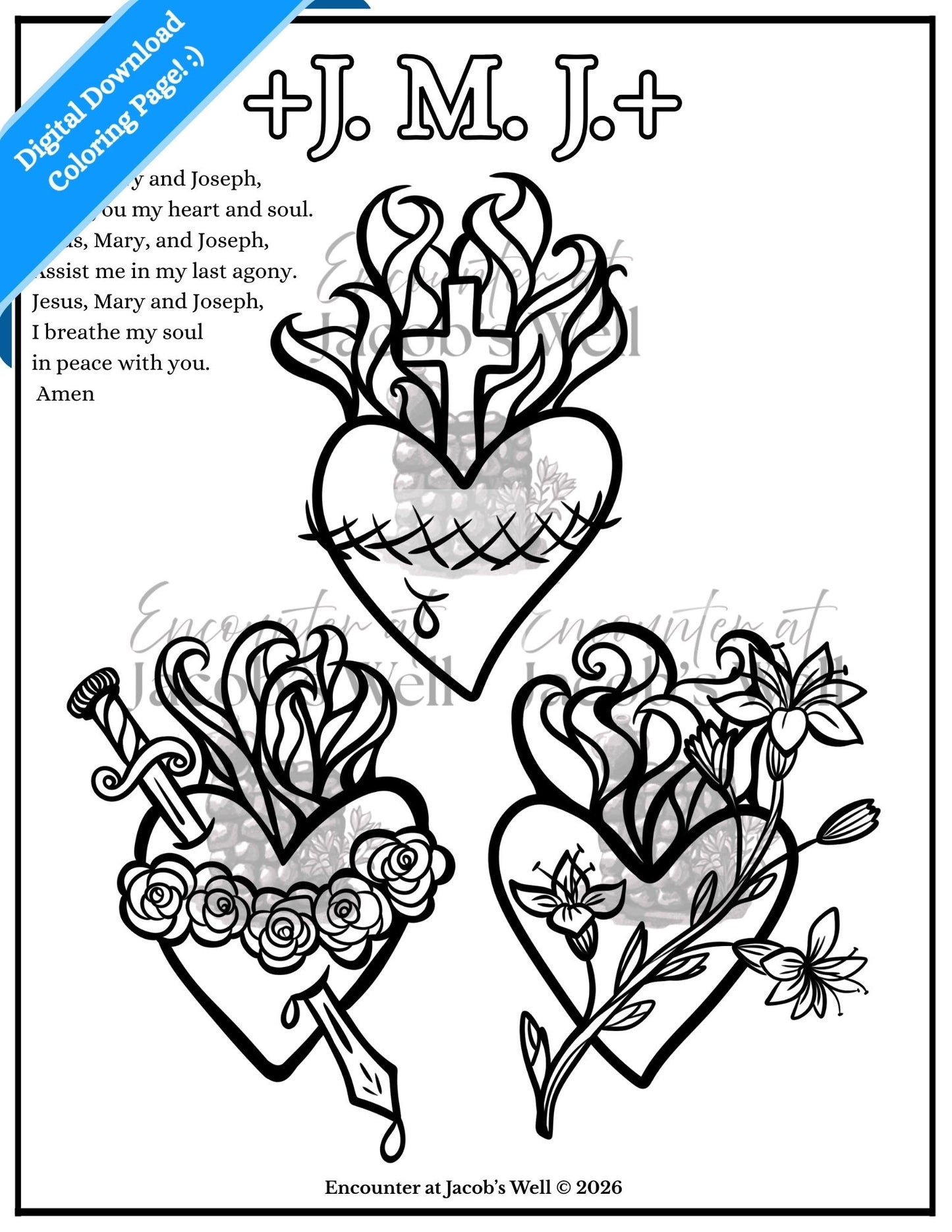 Sacred Immaculate Chaste Heart Coloring Page - Digital Download