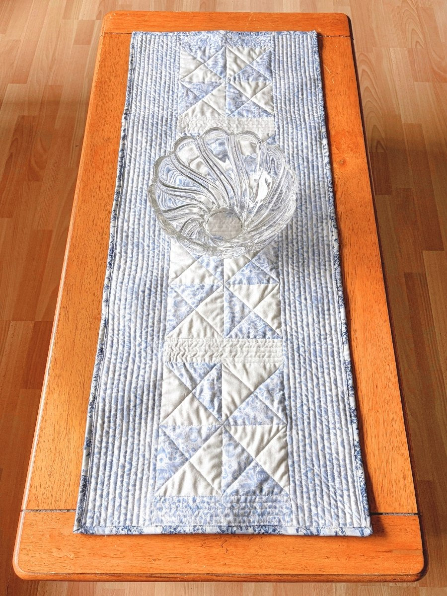 Quilted Easter Table Runner - Heirloom Quality - Cotton- Bunny Blue and White - Christian Spring Gift Encounter At Jacob's Well